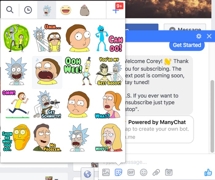 simply select the stickers button in facebook messenger to use official rick and morty stickers