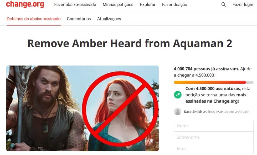 Petição online para tirar Amber Heard de Aquaman 2 alcança 4 milhões de assinaturas